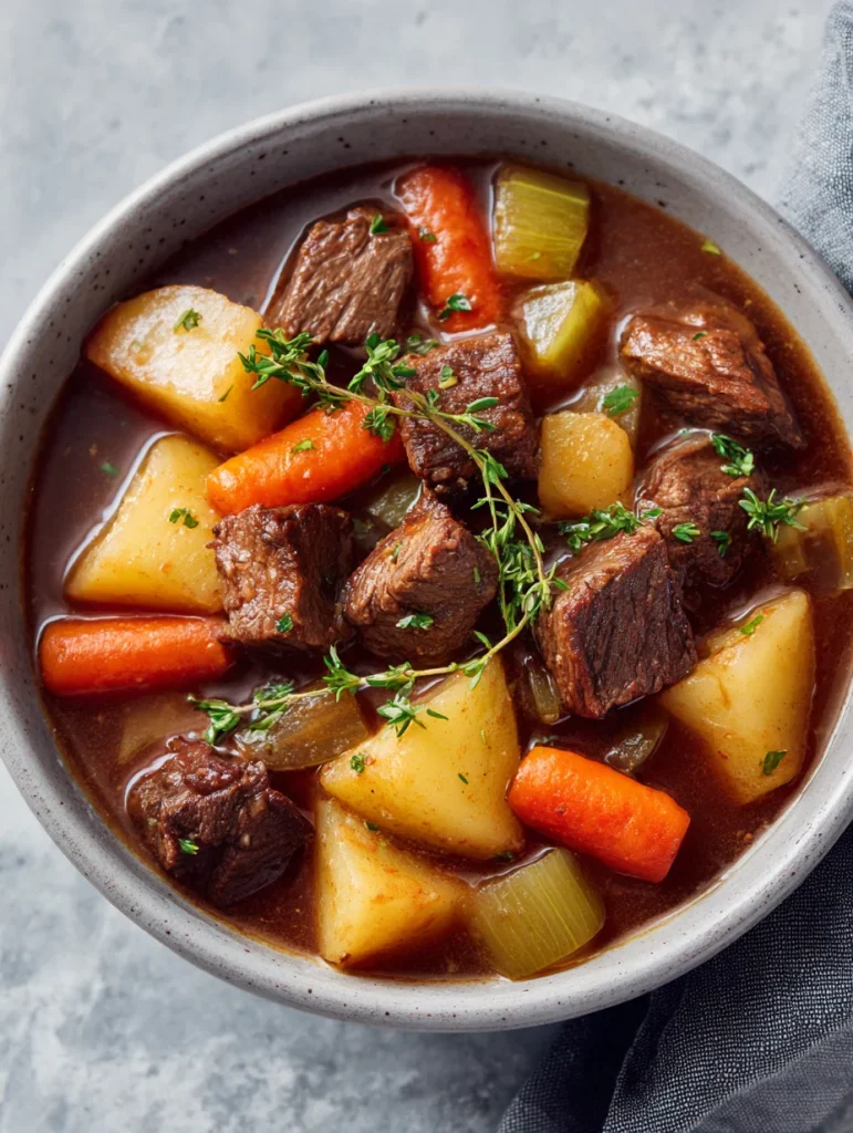 Slow cooker beef stew with tender beef, potatoes, carrots, celery, and fresh thyme in rich broth