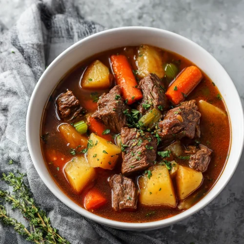 Bowl of slow cooker beef stew with tender beef chunks, potatoes, carrots, and celery in rich broth