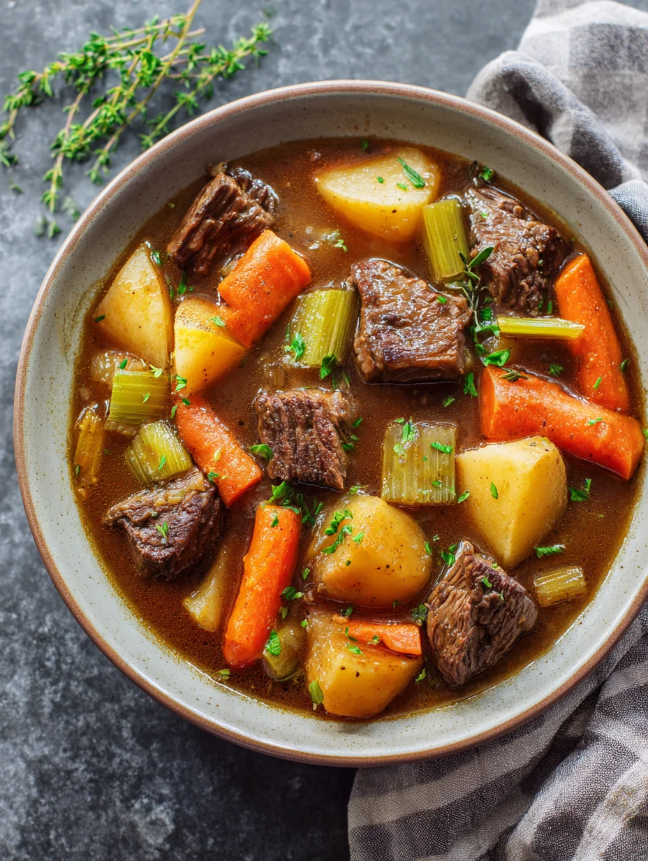 Slow cooker beef stew with potatoes, carrots, and celery in a bowl