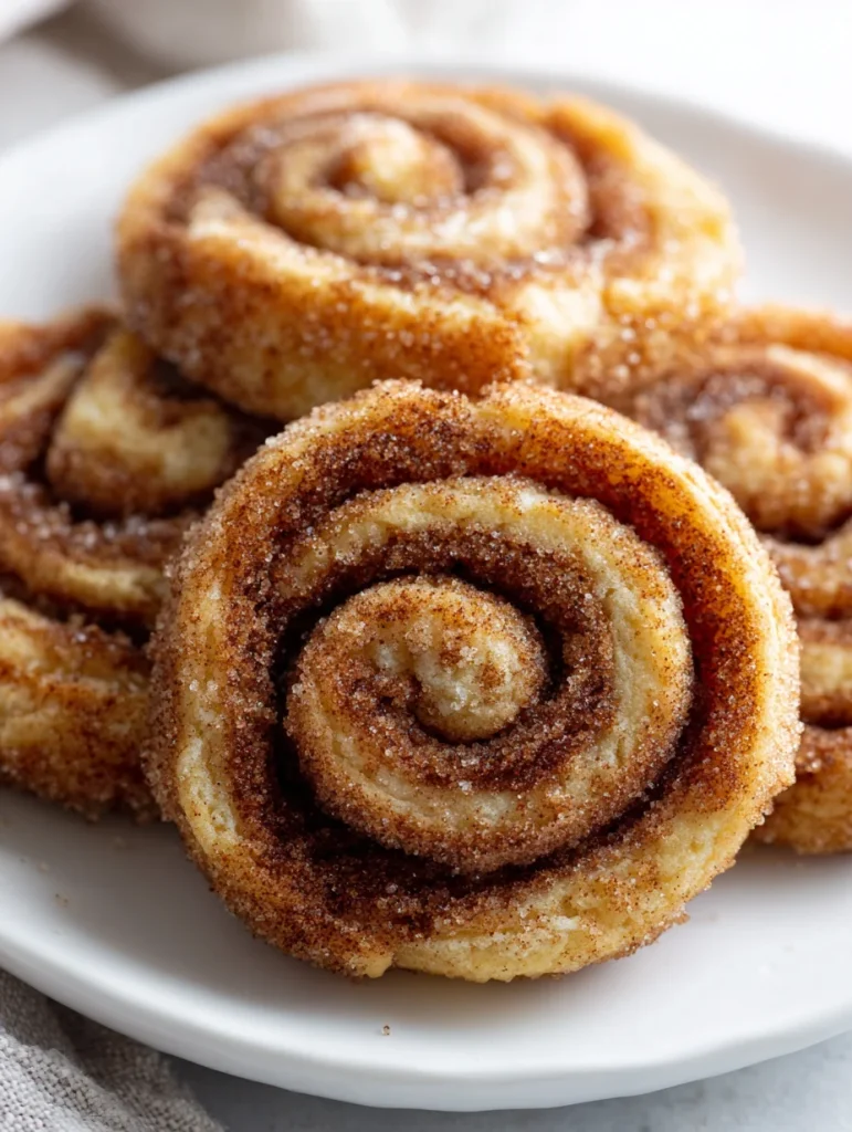 Snickerdoodle cinnamon roll cookies with cinnamon sugar swirl on a white plate