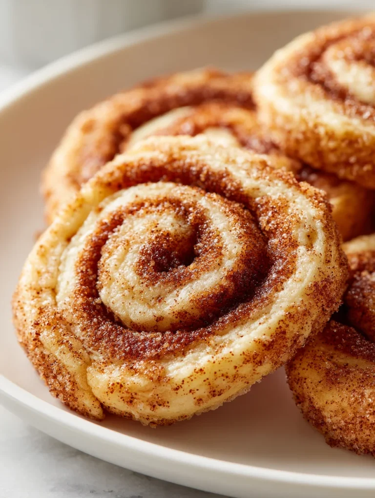 Snickerdoodle cinnamon roll cookies coated in cinnamon sugar on a plate