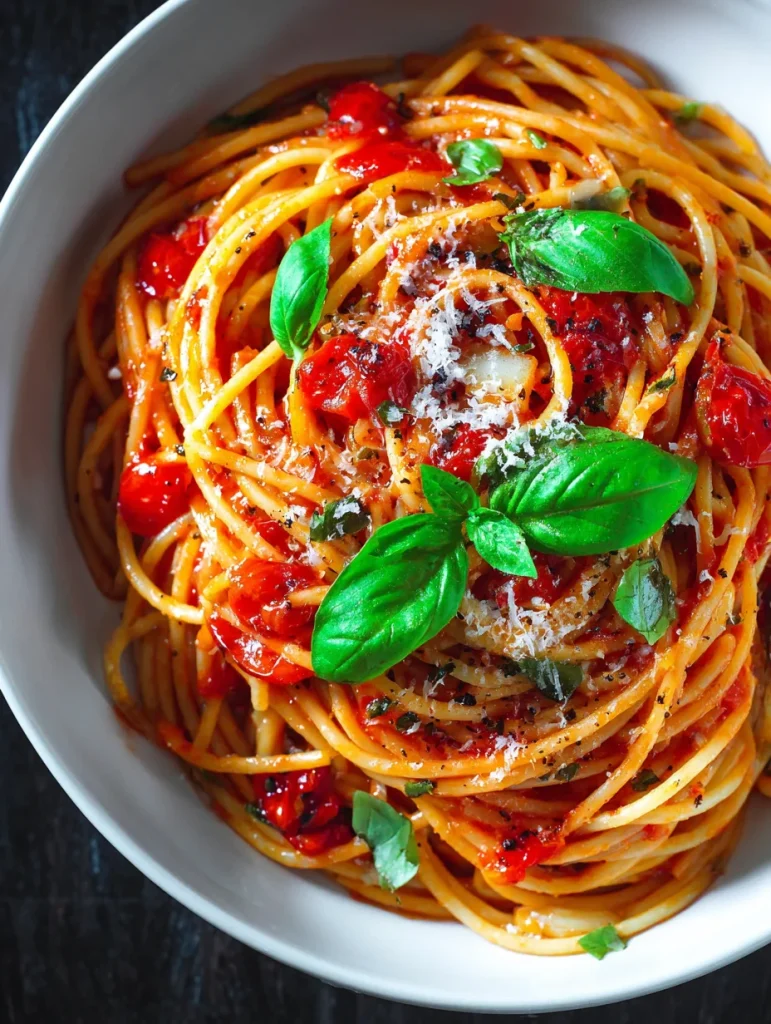 Spaghetti tomato garlic pasta with fresh basil and grated Parmesan