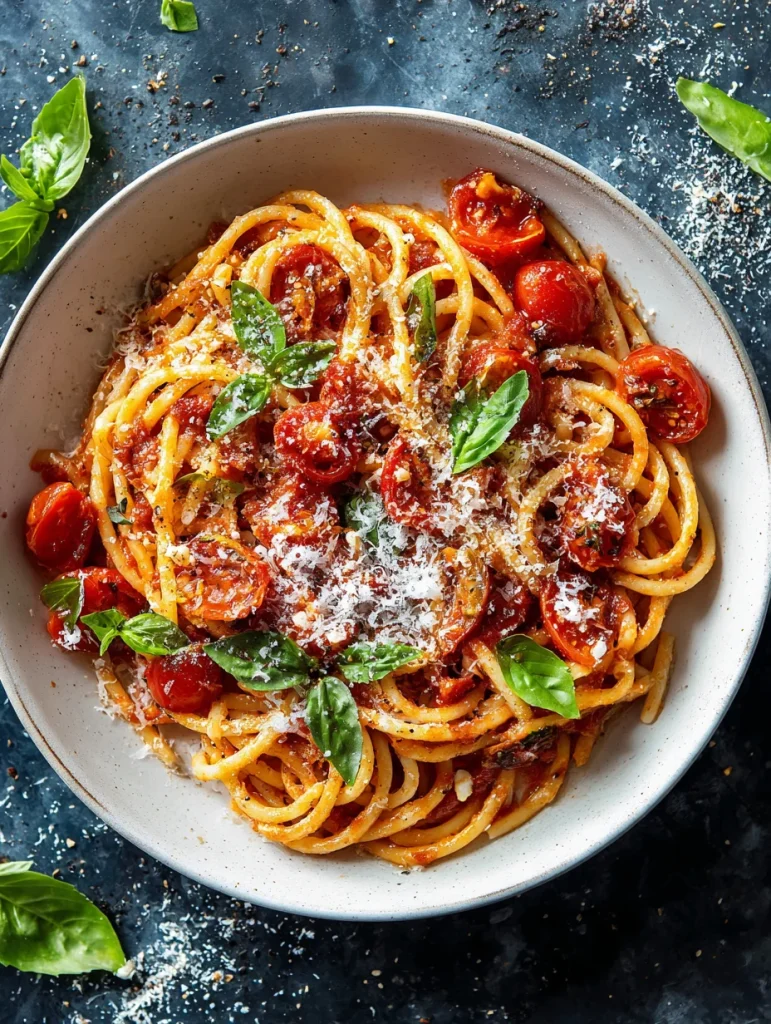 Spaghetti with cherry tomatoes, garlic, basil, and grated Parmesan