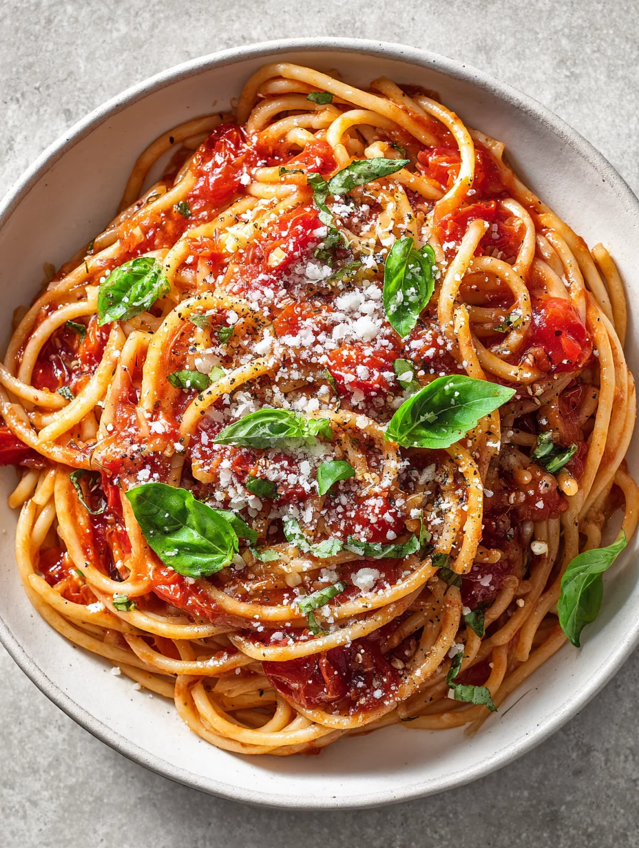 Tomato garlic pasta with fresh basil and grated cheese