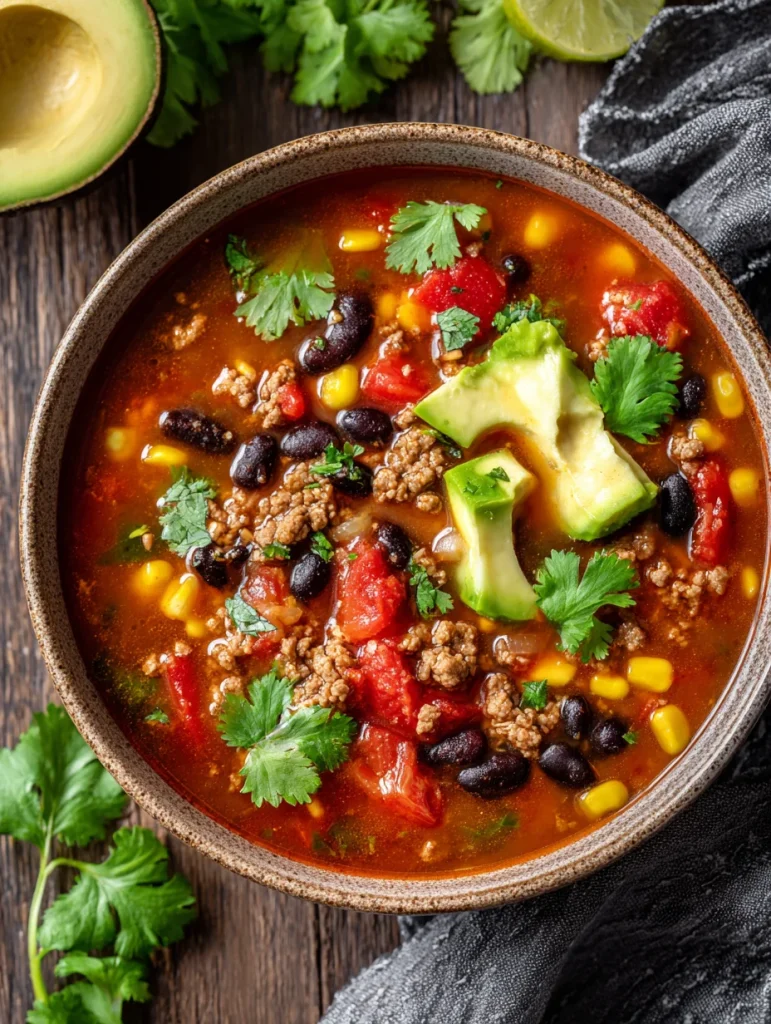 Turkey taco soup with avocado, black beans, corn, and fresh cilantro in a rustic bowl