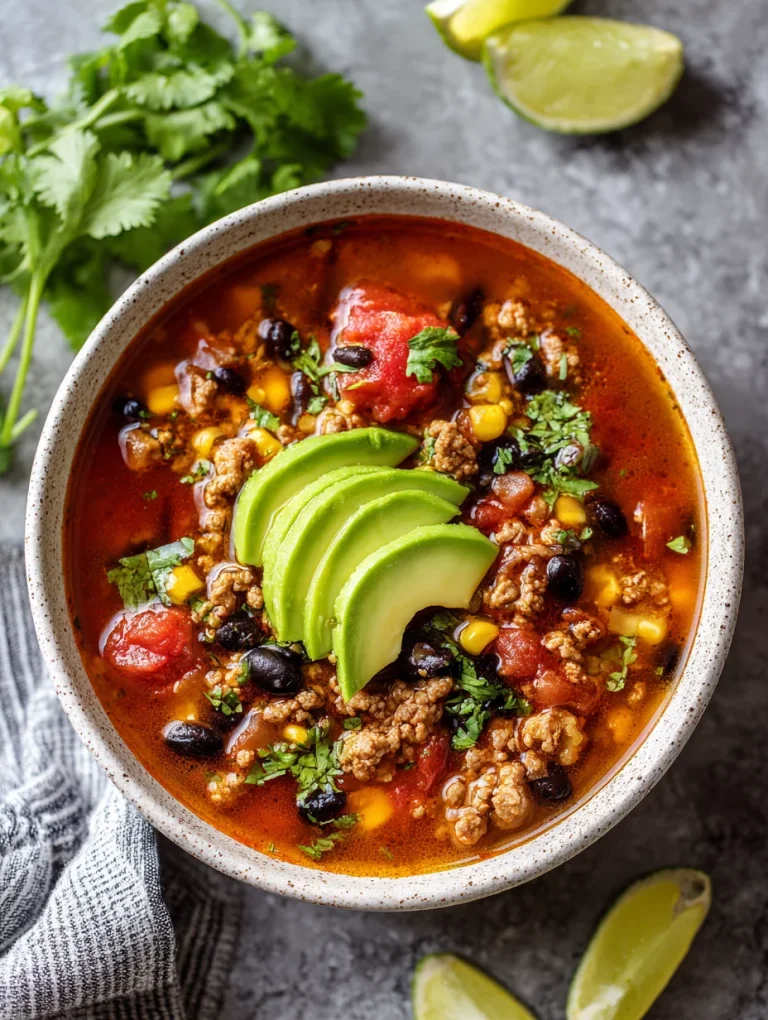 Bowl of turkey taco soup topped with avocado, black beans, corn, and cilantro