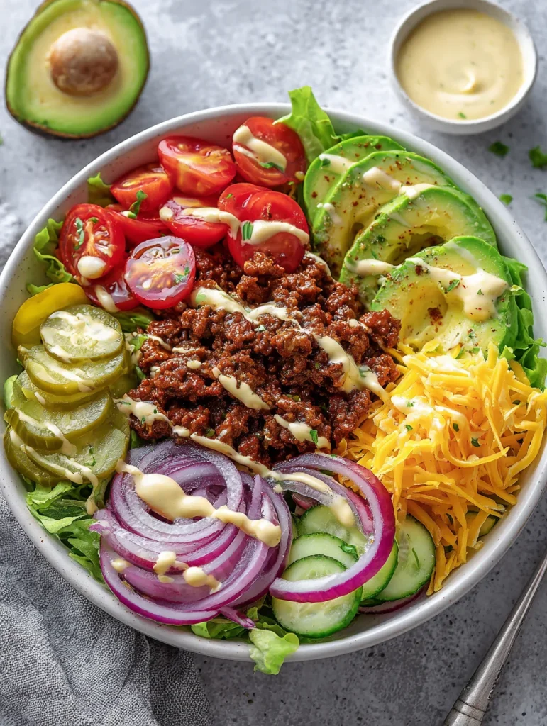 Burger bowl with seasoned beef, avocado, fresh vegetables, and creamy sauce
