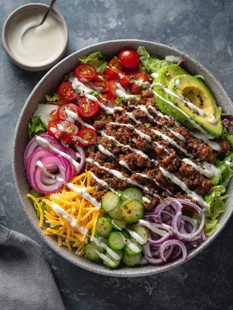 Burger bowl salad with ground beef, avocado, fresh vegetables, and creamy dressing