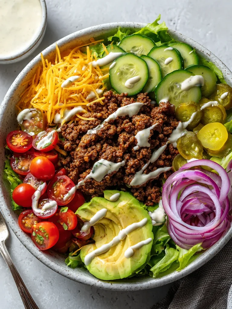 Burger bowl with ground beef, avocado, vegetables, and creamy dressing