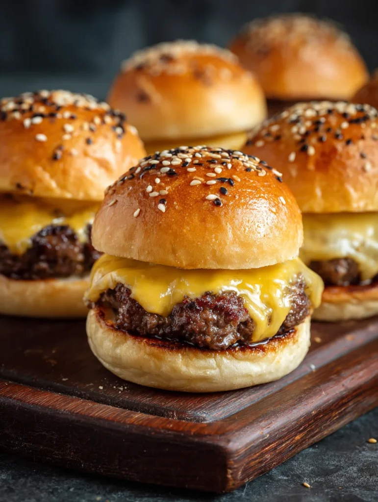 Cheeseburger sliders with melted cheddar cheese on toasted sesame buns on a wooden board