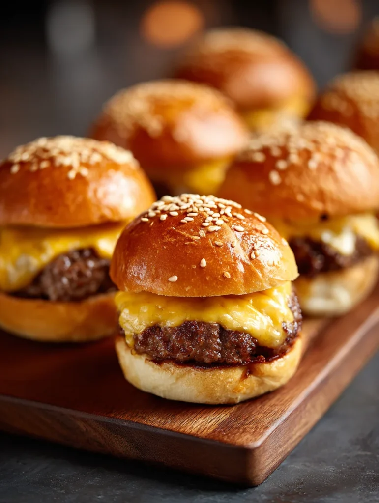 Cheeseburger sliders with melted cheese on sesame buns served on a wooden board