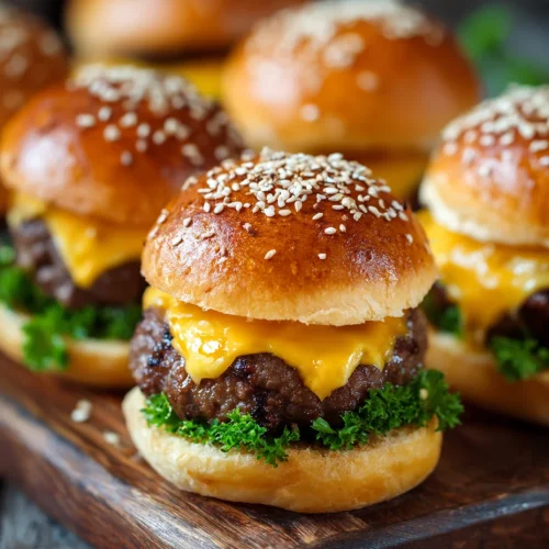 Cheeseburger sliders with melted cheddar and sesame buns on a wooden board