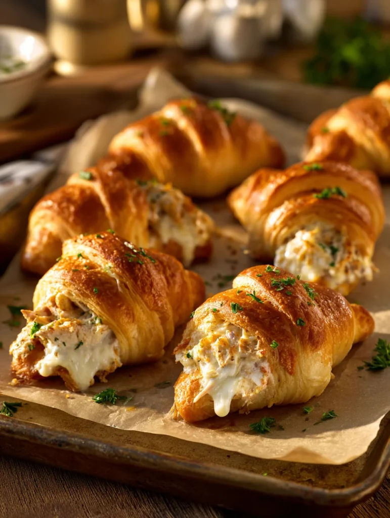 Chicken Alfredo stuffed crescent rolls on a baking tray