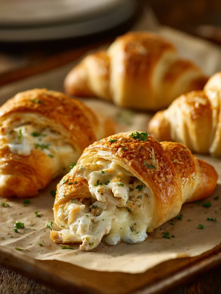 Close-up of chicken Alfredo stuffed crescent rolls with creamy filling
