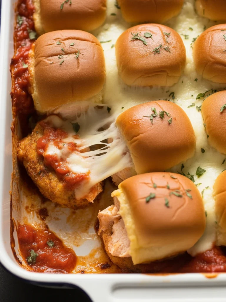 Chicken parmesan sliders with marinara sauce and melted mozzarella cheese in a baking dish