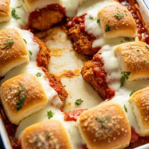 Baked chicken parmesan sliders with marinara sauce and melted mozzarella on soft rolls