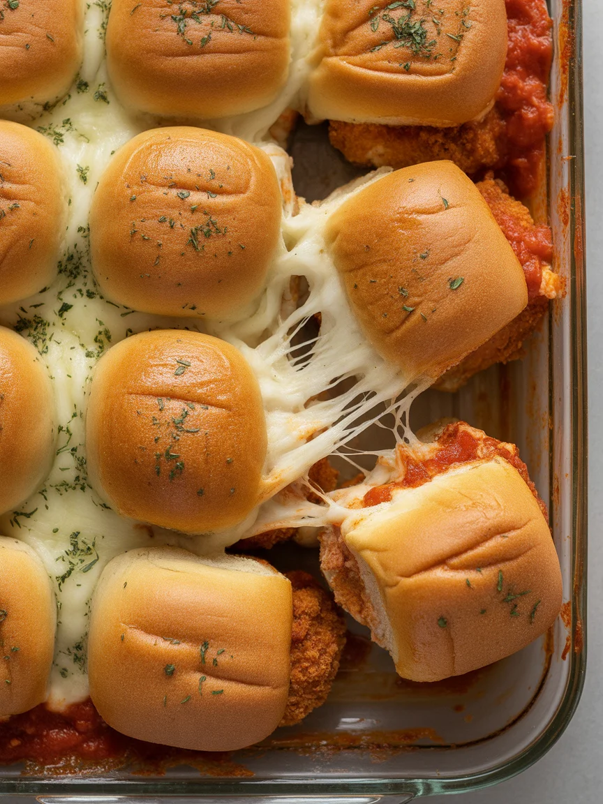 Chicken parmesan sliders with melted mozzarella and marinara in a baking dish