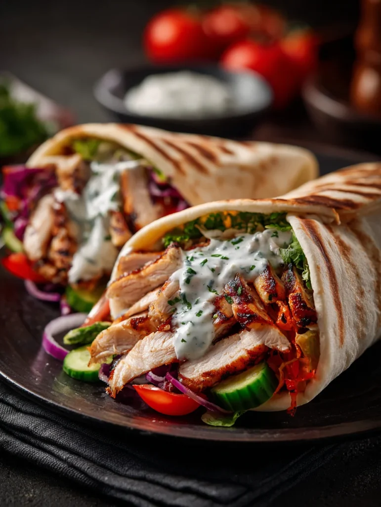 Grilled chicken shawarma wraps with garlic sauce, cucumbers, tomatoes, and herbs on a plate