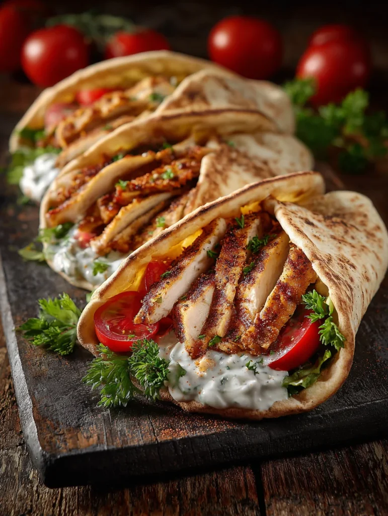 Chicken shawarma pita wraps with garlic sauce, tomatoes, and fresh herbs on a wooden board
