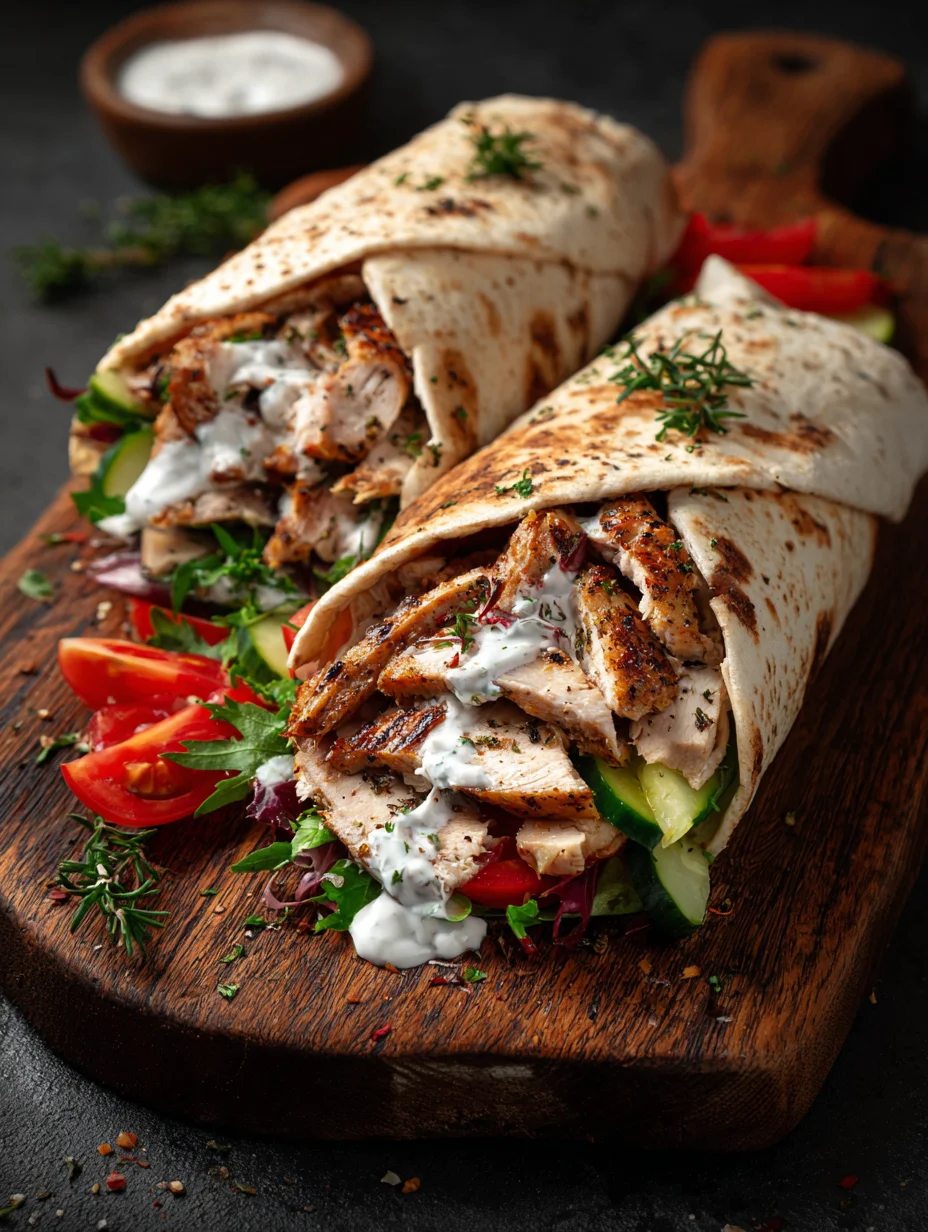 Chicken shawarma wraps with garlic sauce, fresh vegetables, and grilled chicken on a wooden board