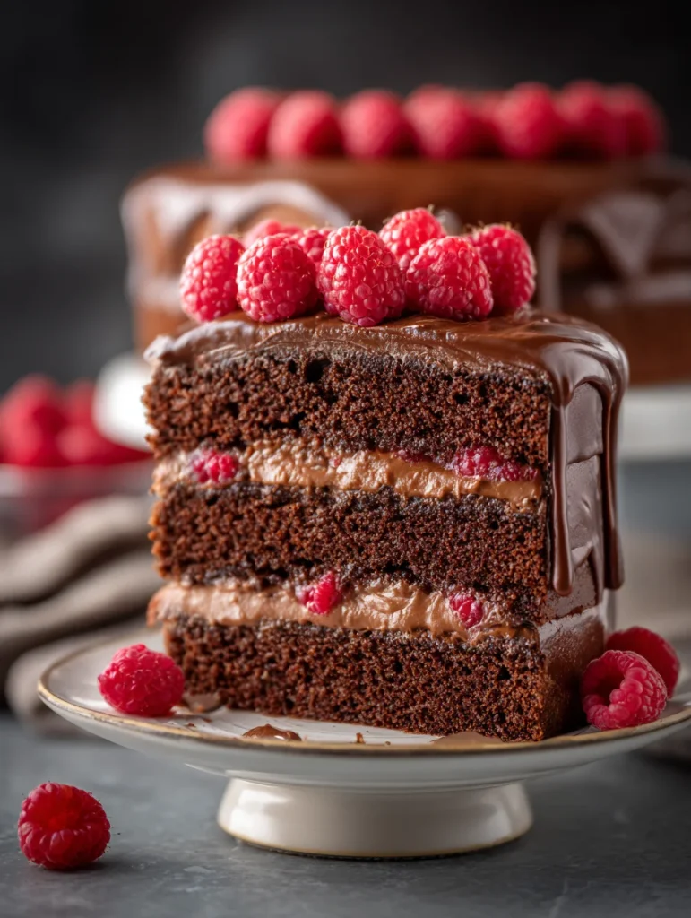 Chocolate raspberry cake slice with layered chocolate sponge, raspberry filling, and fresh raspberries on top