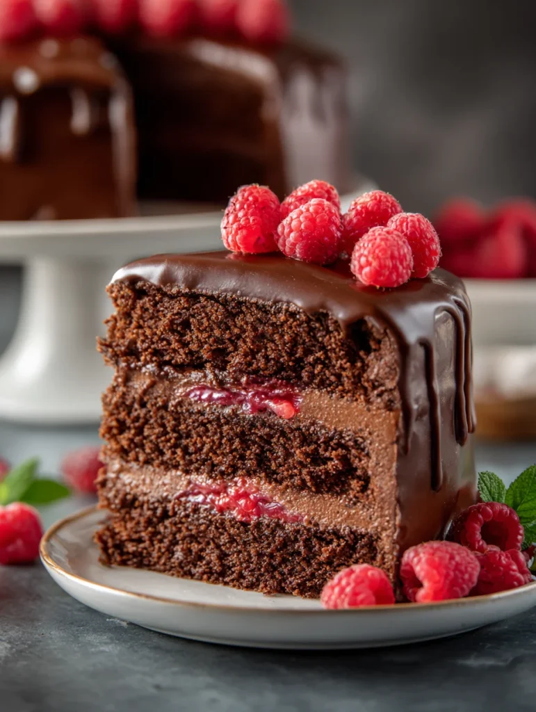 Chocolate raspberry cake slice with rich chocolate layers, raspberry filling, and glossy chocolate ganache topped with fresh raspberries