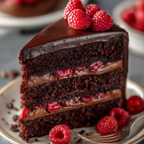 Chocolate raspberry cake slice with dark chocolate layers, raspberry filling, and smooth chocolate ganache topped with fresh raspberries
