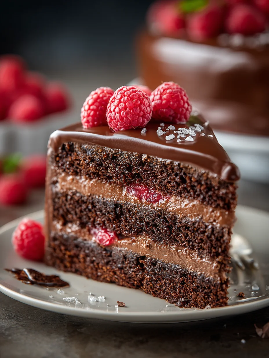 Slice of chocolate raspberry cake with rich chocolate layers, raspberry filling, and fresh raspberries on top