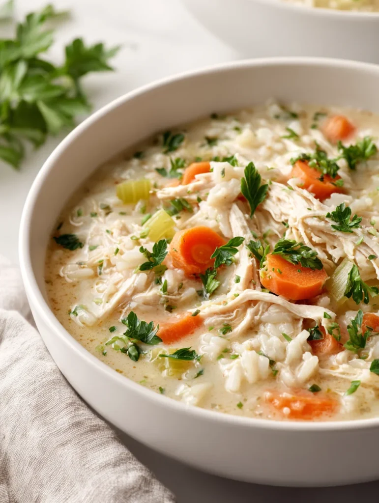 Creamy chicken and rice soup with shredded chicken, carrots, celery, and parsley in a white bowl