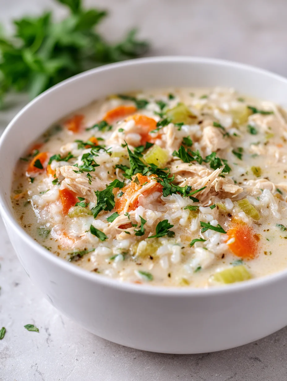 Creamy chicken and rice soup in a white bowl with carrots, celery, and fresh herbs