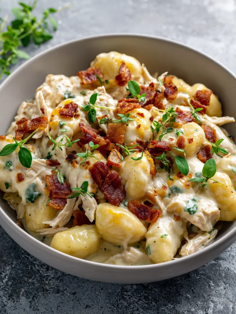 Creamy crack chicken gnocchi topped with bacon and fresh herbs in a bowl