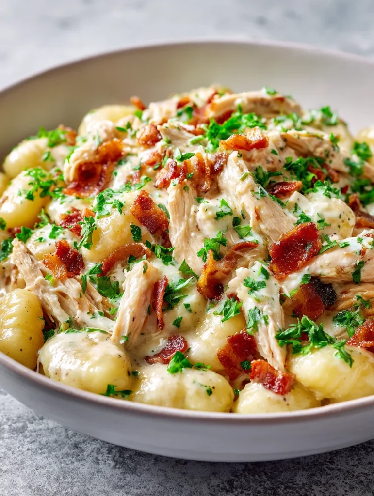 Creamy crack chicken gnocchi with bacon and parsley in a bowl