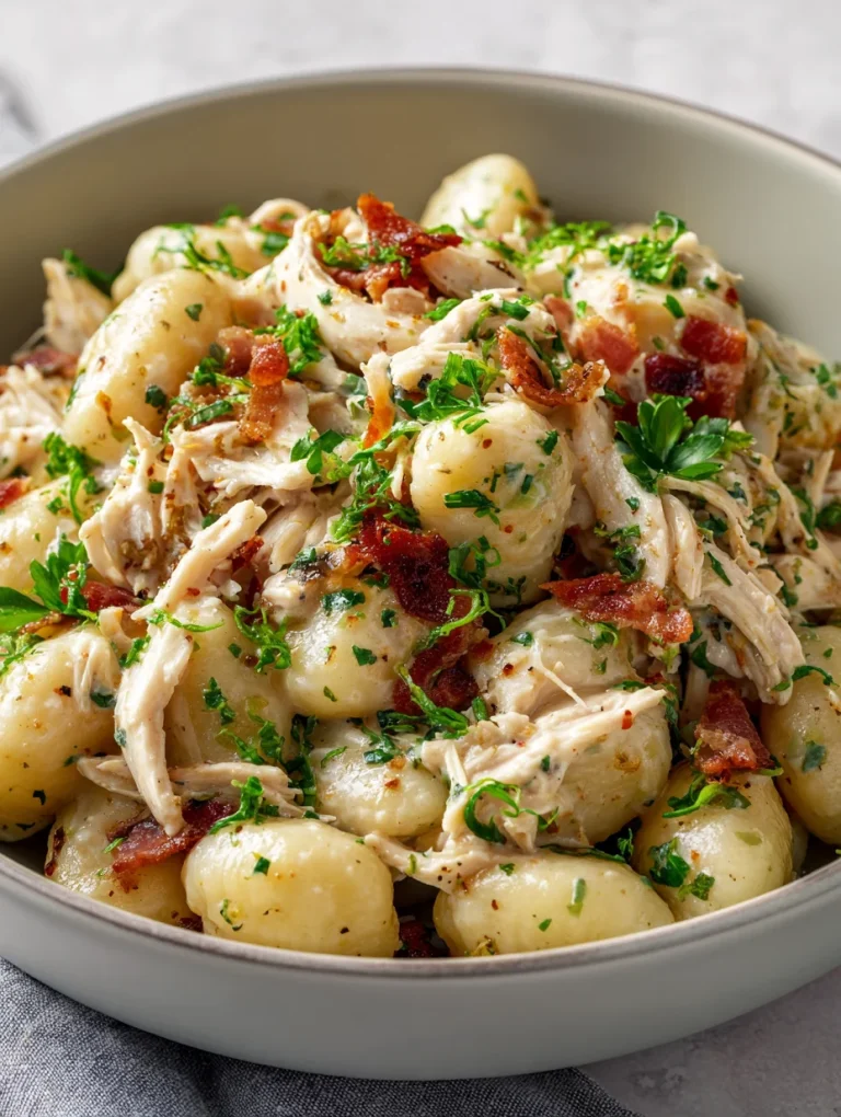 Creamy crack chicken gnocchi with shredded chicken, bacon, and herbs in a bowl