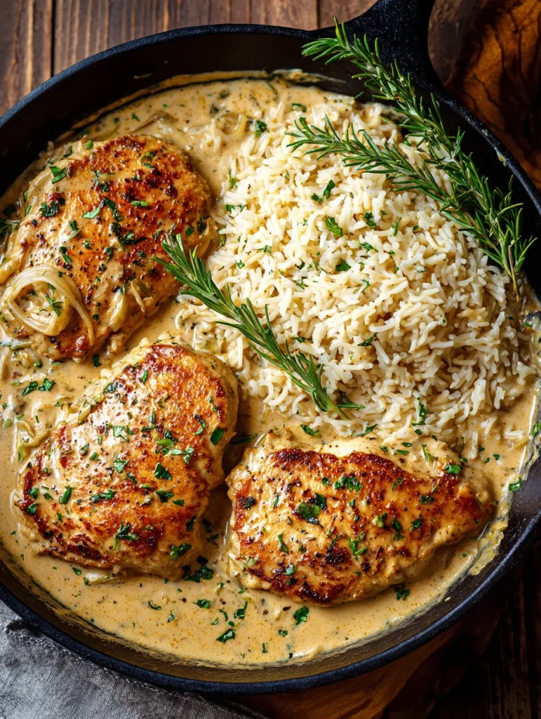 Creamy smothered chicken and rice in skillet with rosemary garnish
