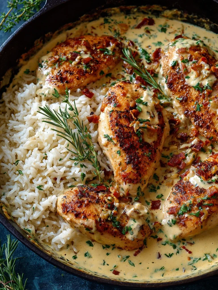 Creamy smothered chicken and rice in skillet with herbs