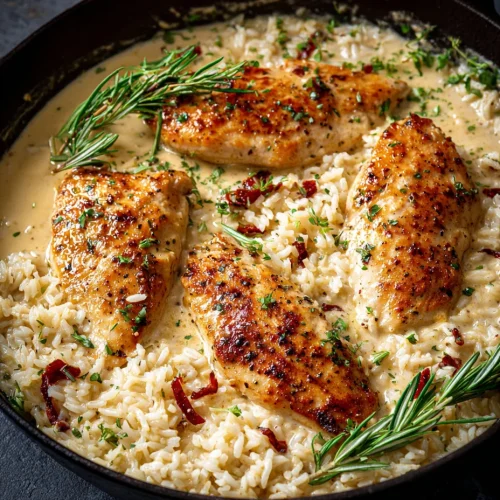 Creamy smothered chicken and rice skillet with herbs and rosemary