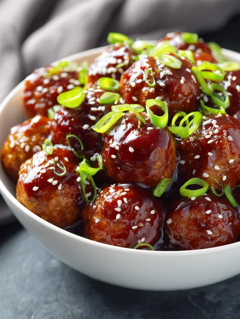 Crockpot Hawaiian meatballs in sweet tangy sauce topped with green onions and sesame seeds
