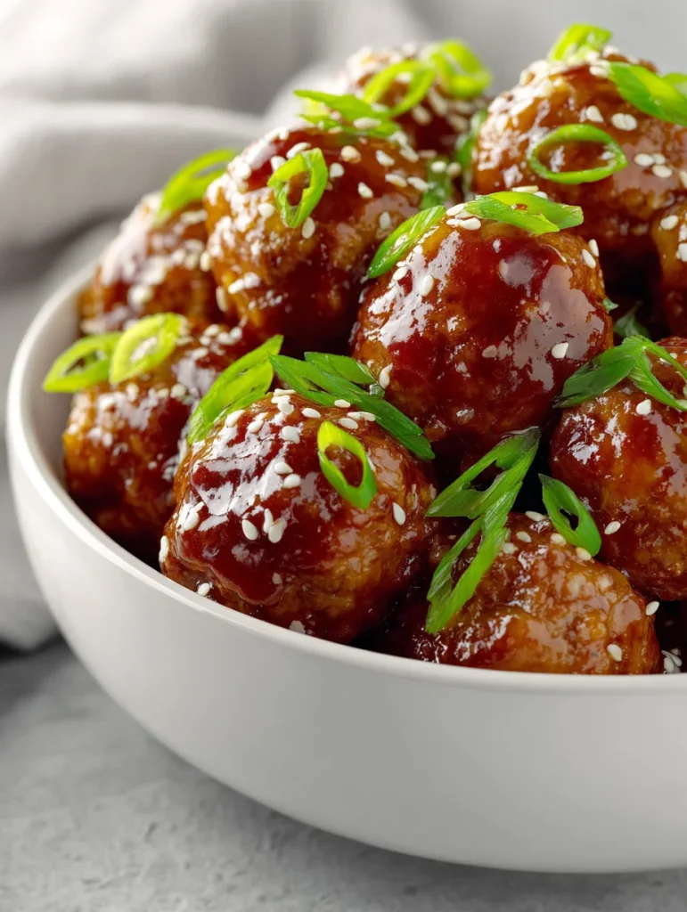Slow cooker Hawaiian meatballs with sweet sauce, sesame seeds, and green onions