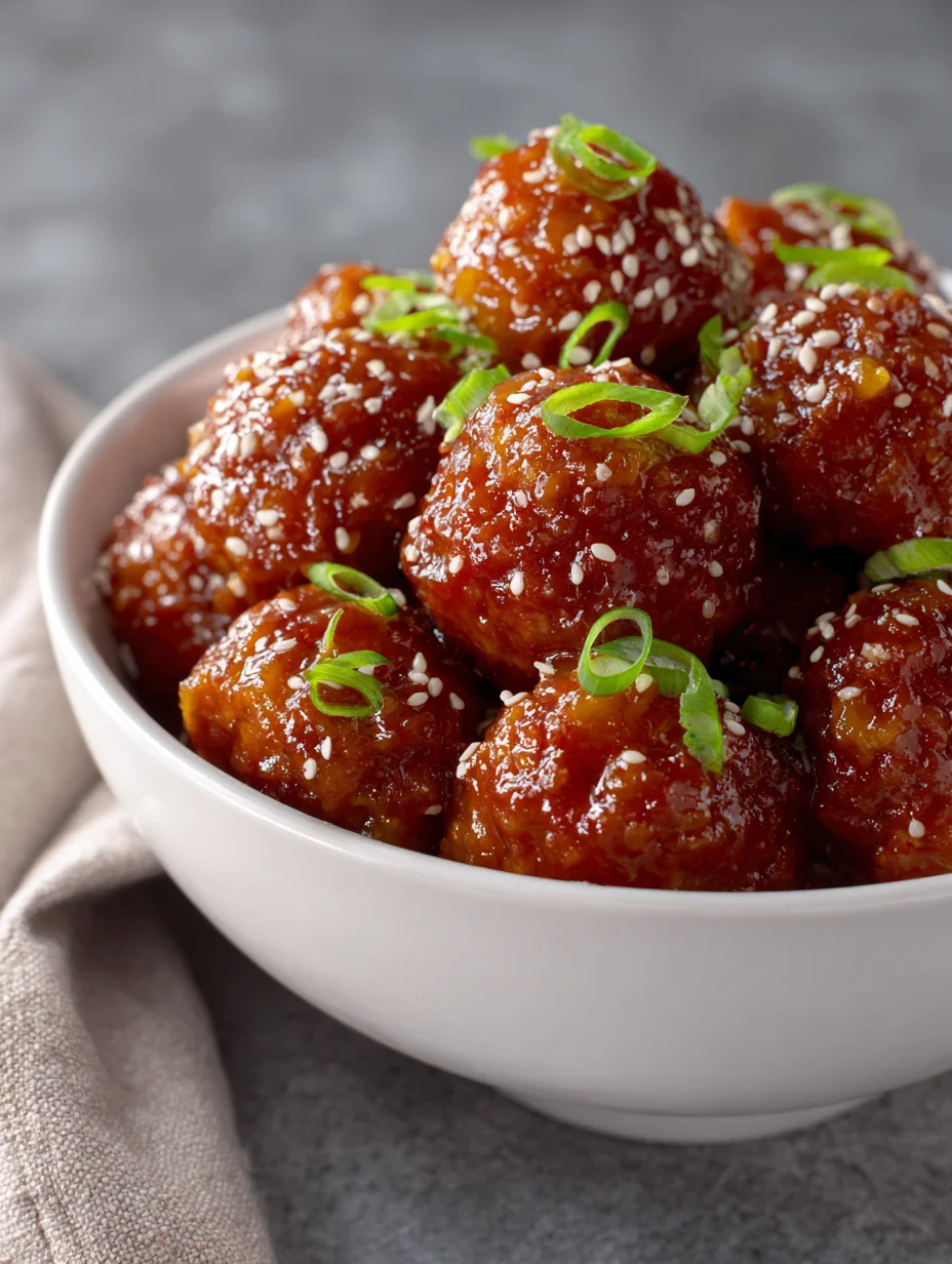 Crockpot Hawaiian meatballs coated in sweet pineapple sauce with sesame seeds and green onions