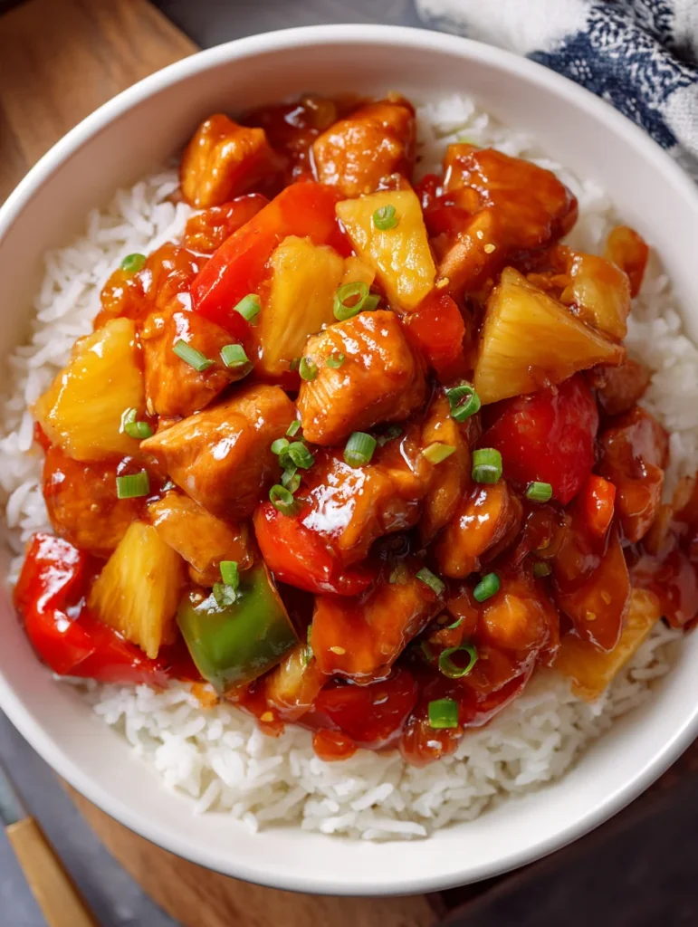 Slow cooker sweet and sour chicken with pineapple and peppers served over white rice