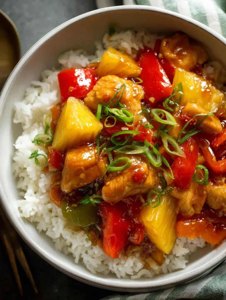 Crockpot sweet and sour chicken with pineapple and bell peppers over rice