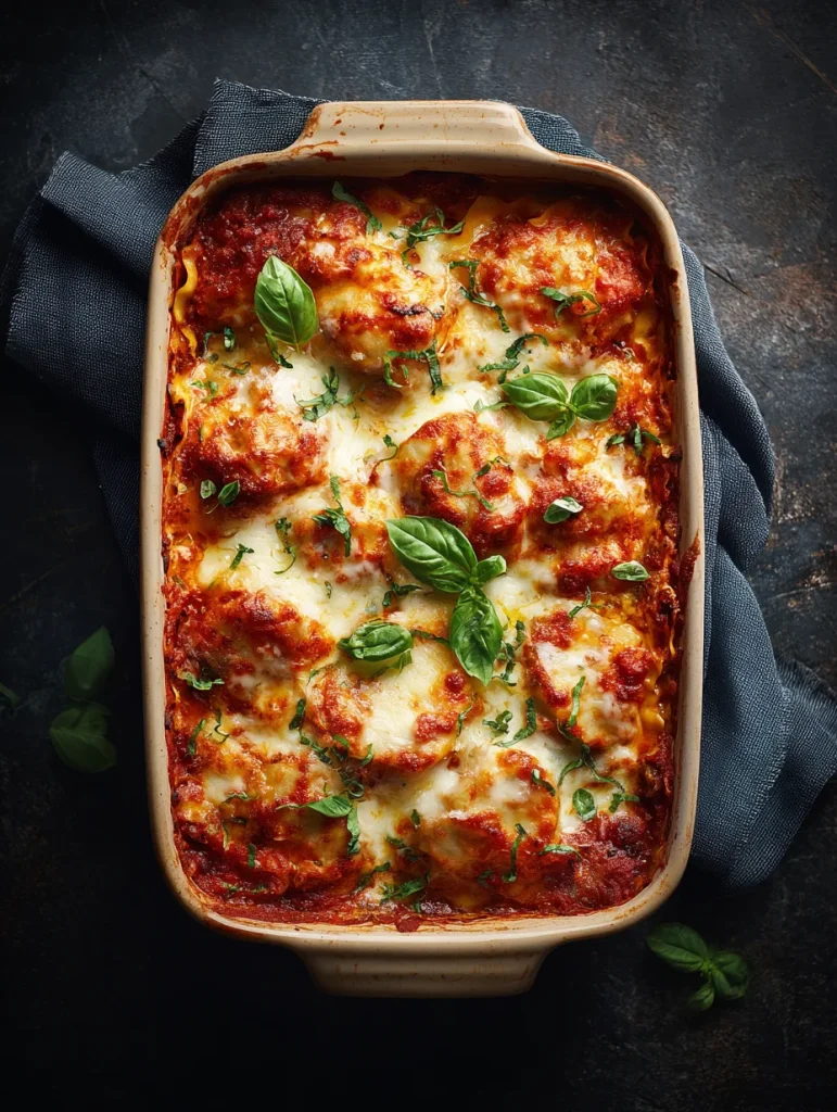 Dumpling lasagna baked with tomato sauce, melted mozzarella, and fresh basil in a casserole dish