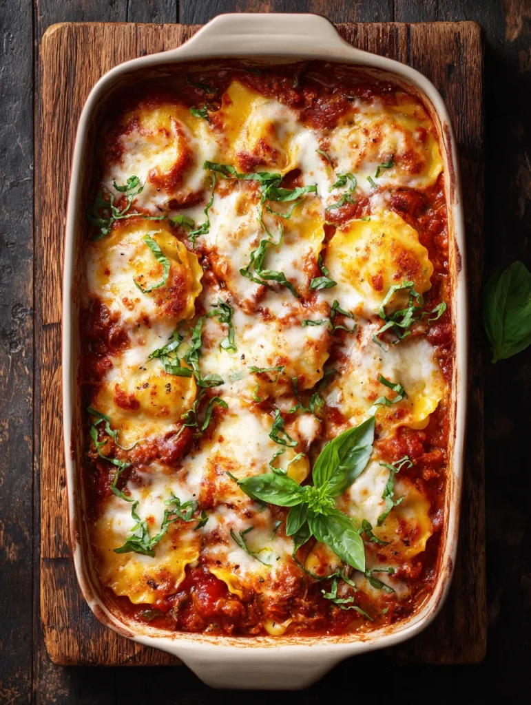 Dumpling lasagna with tomato sauce, melted cheese, and basil baked in a ceramic casserole dish