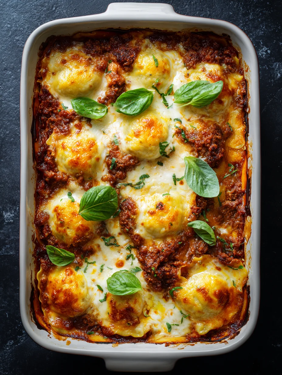 Baked dumpling lasagna in a casserole dish with meat sauce, melted cheese, and fresh basil