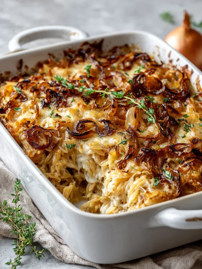 French onion chicken orzo casserole with caramelized onions and melted cheese in a baking dish