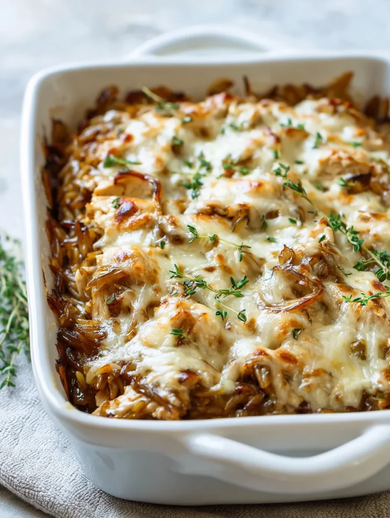 Baked French onion chicken orzo casserole topped with melted cheese and herbs