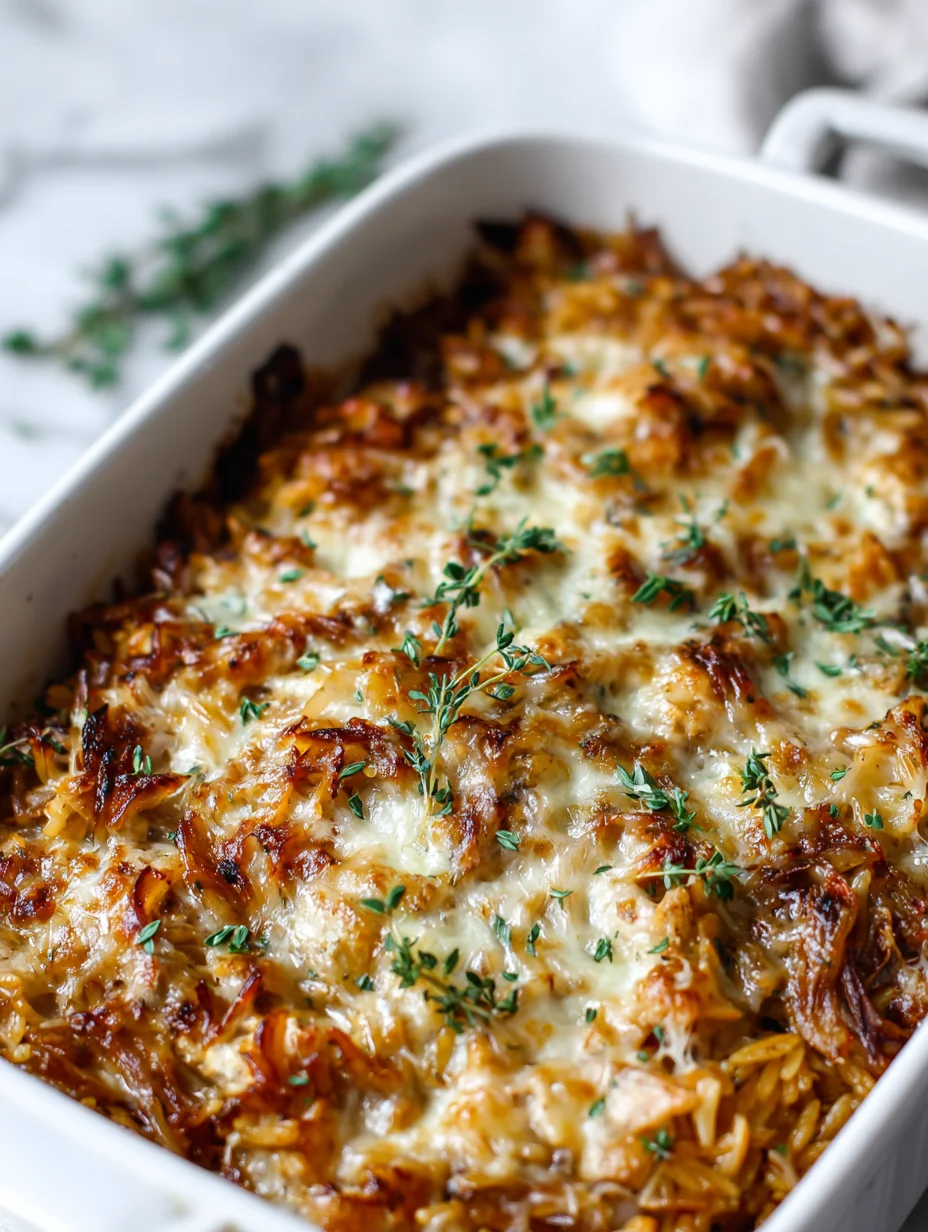 French onion chicken orzo casserole baked with melted cheese and fresh herbs