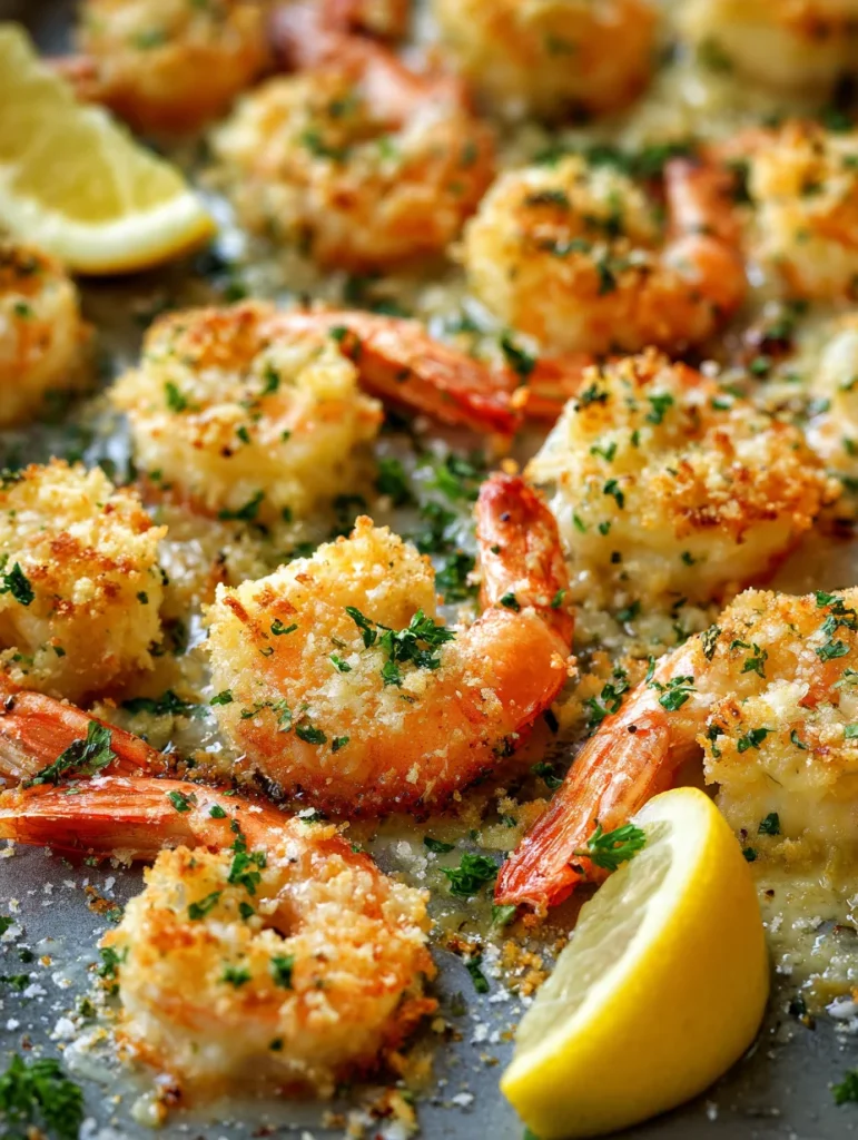 Crispy garlic Parmesan roasted shrimp on a baking sheet with golden breadcrumbs, fresh herbs, and lemon wedges
