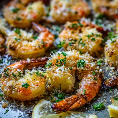 Garlic Parmesan roasted shrimp with golden breadcrumb crust, fresh parsley, and lemon slices on a sheet pan