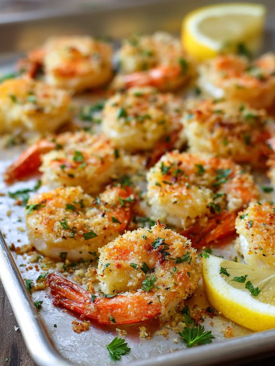 Garlic Parmesan roasted shrimp baked on a sheet pan with crispy breadcrumbs, fresh parsley, and lemon slices
